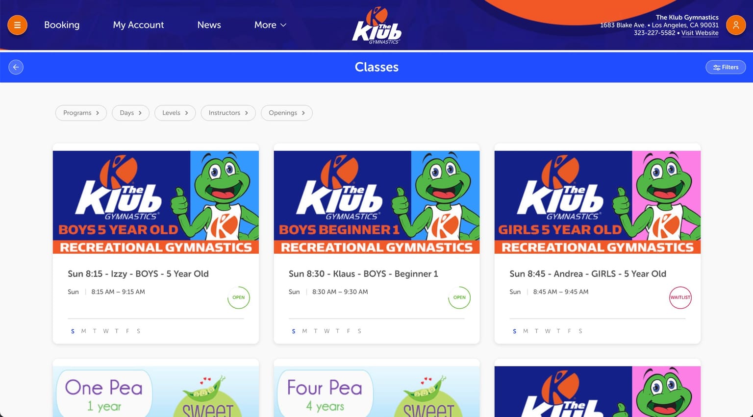 The Parent Portal class list with filters