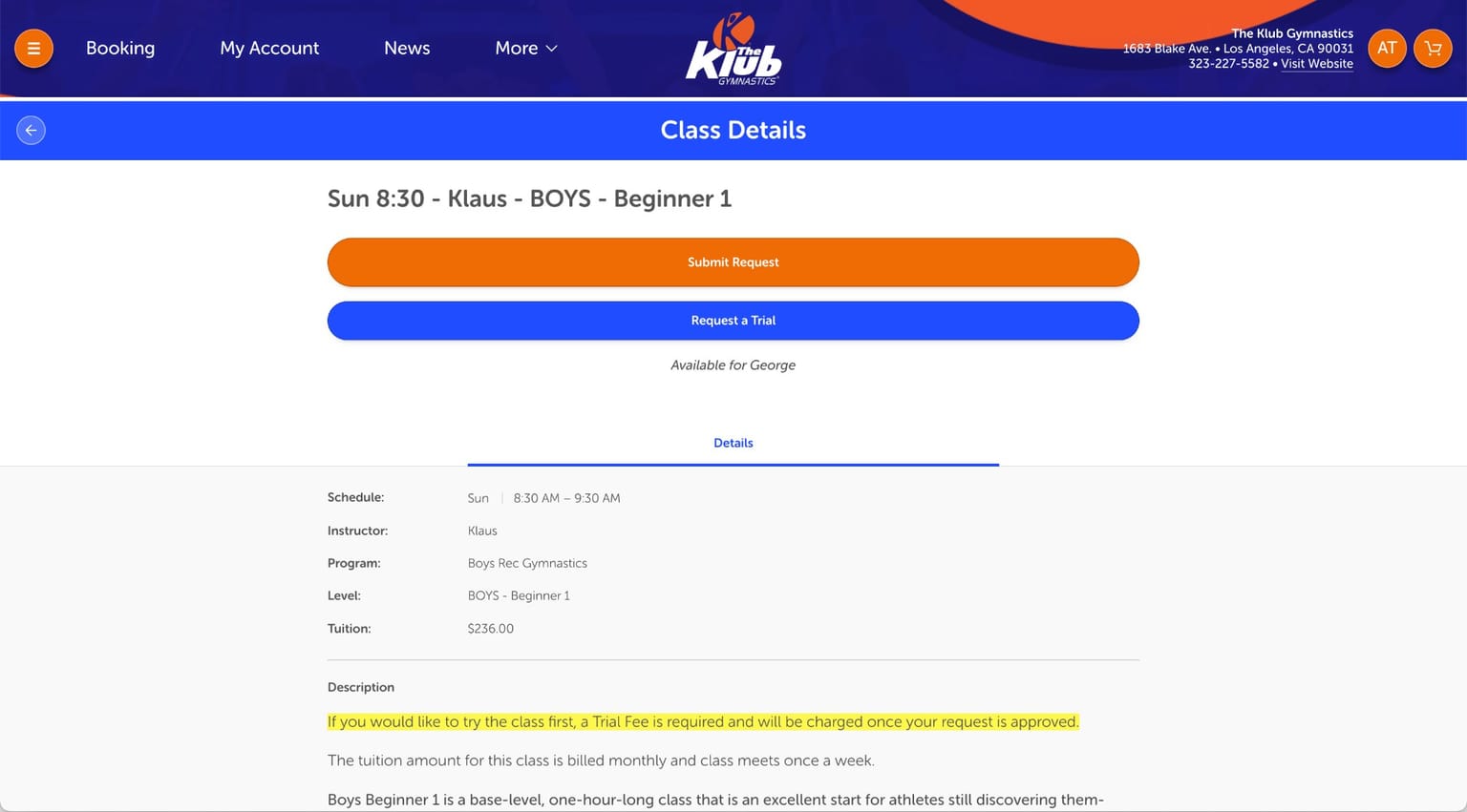 The class details page with the Request a Trial button