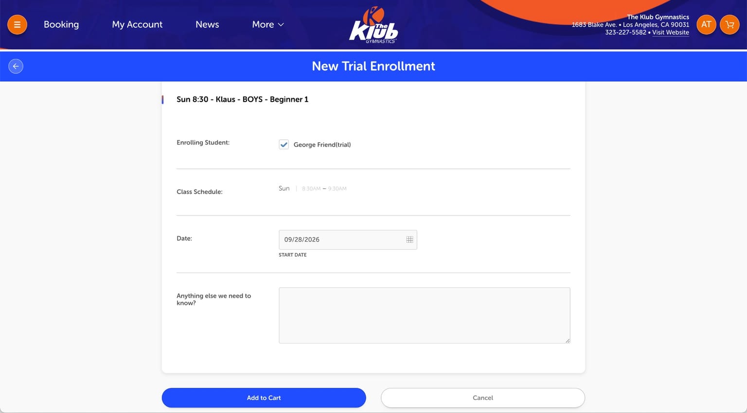 The New Trial Enrollment form with the Add to Cart button